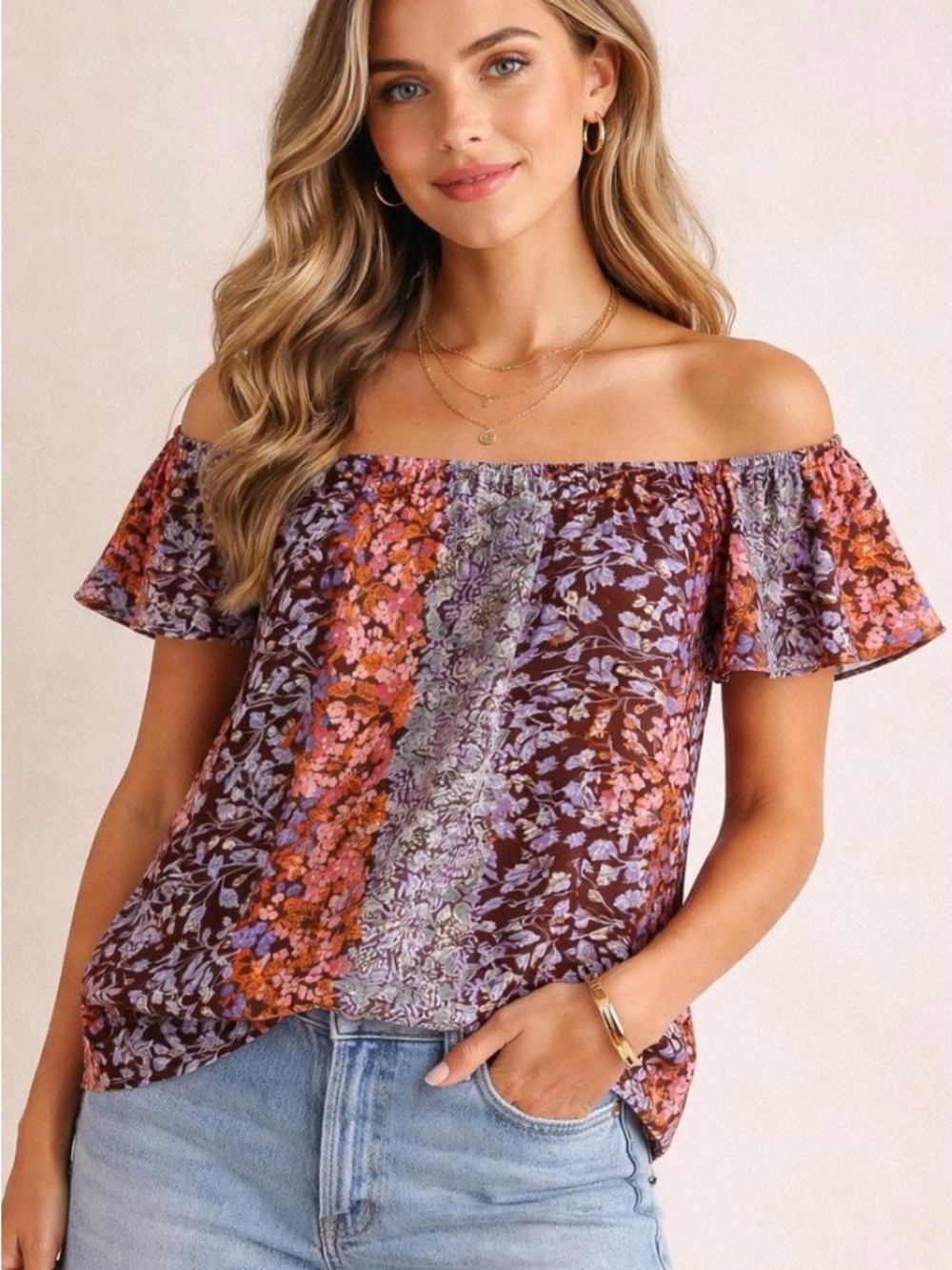 Maeve Off-Shoulder Floral Stripe Blouse in Brown, Purple and Pink